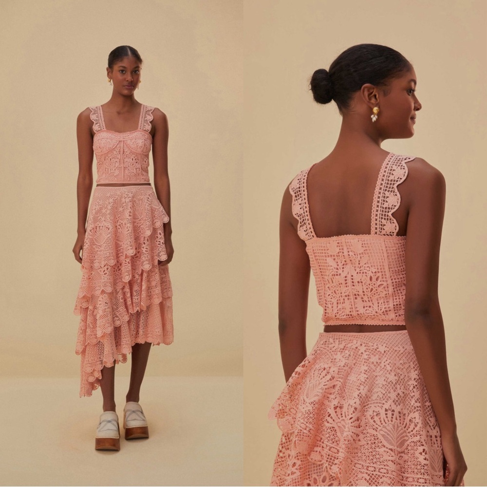 Farm Rio Light Pink Guipure Layered Maxi Skirt and top set